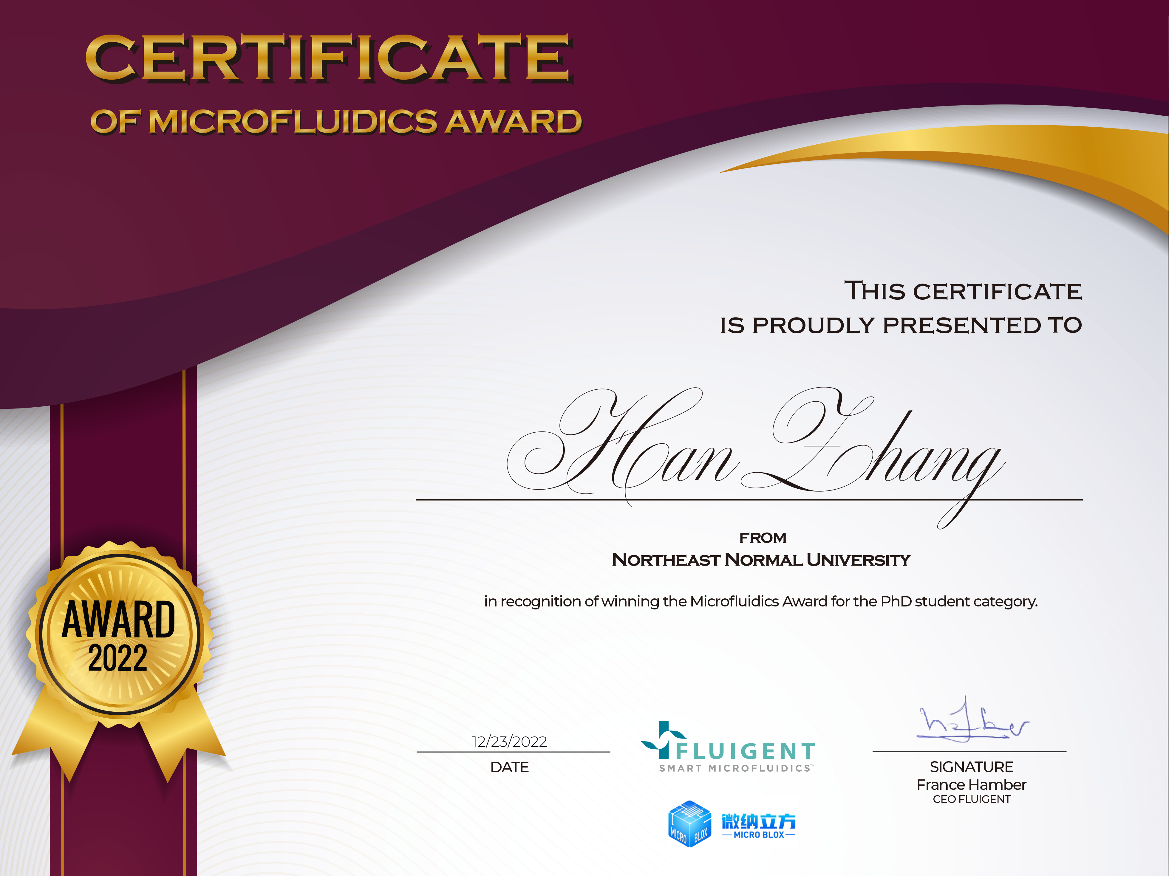 张晗 2022 microfluidics award certificate - Han Zhang.png